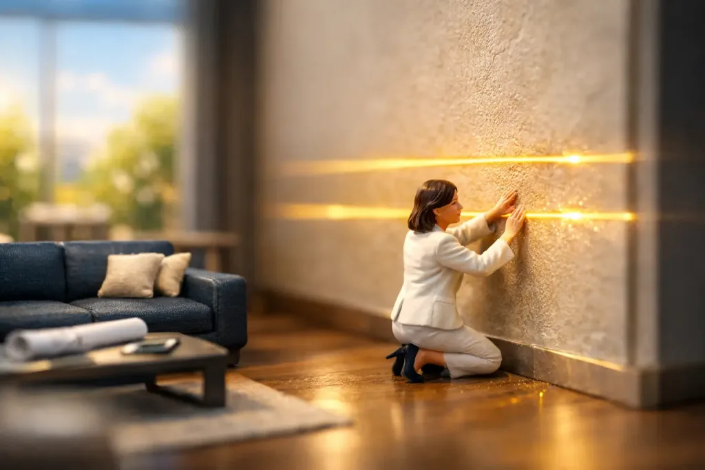 mini living room wall alignment with light lines