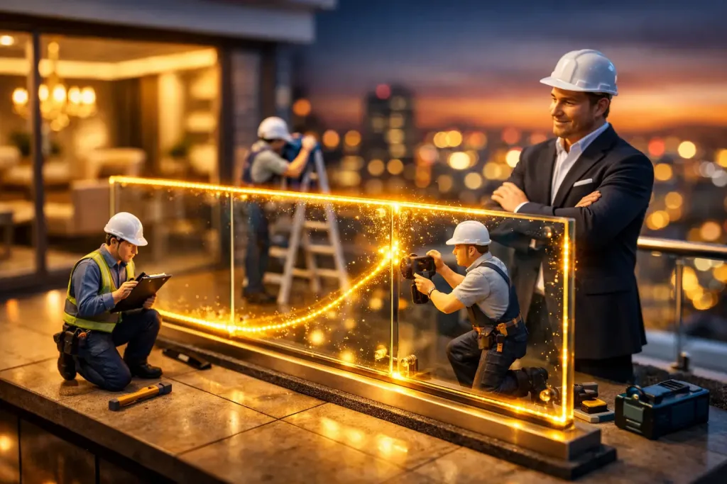 balcony glass railing aligned with golden light