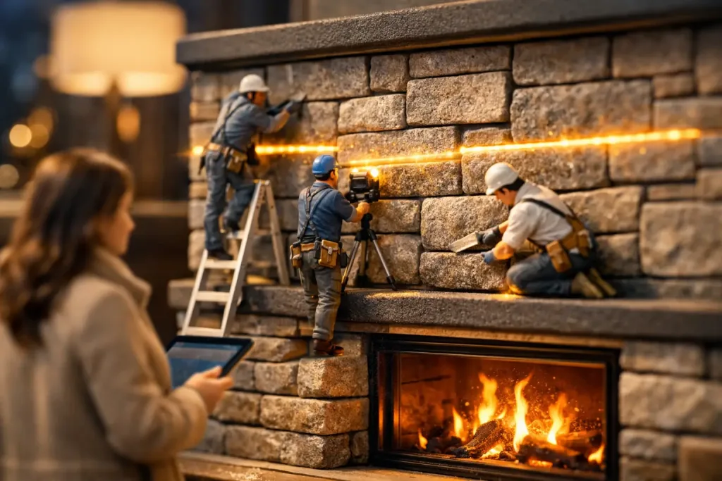 fireplace stonework highlighted by warm glow