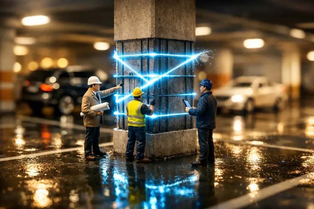 concrete column reinforced with glowing lines