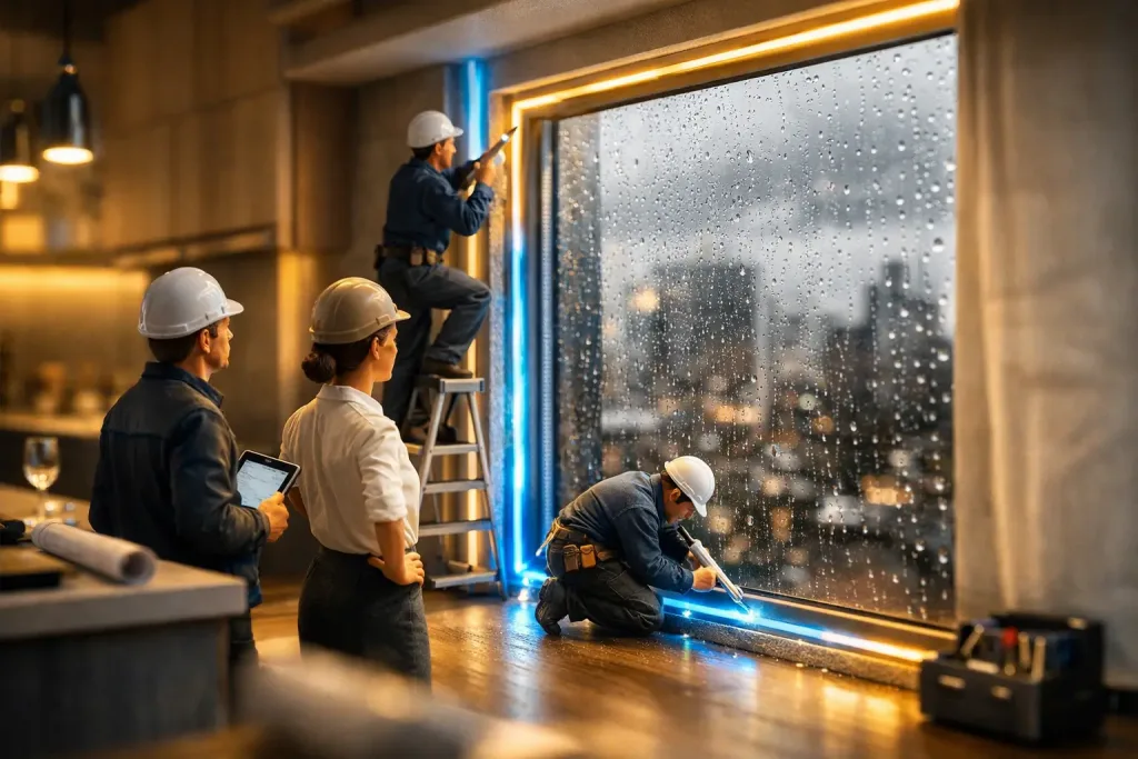 window frame sealed with glowing lines