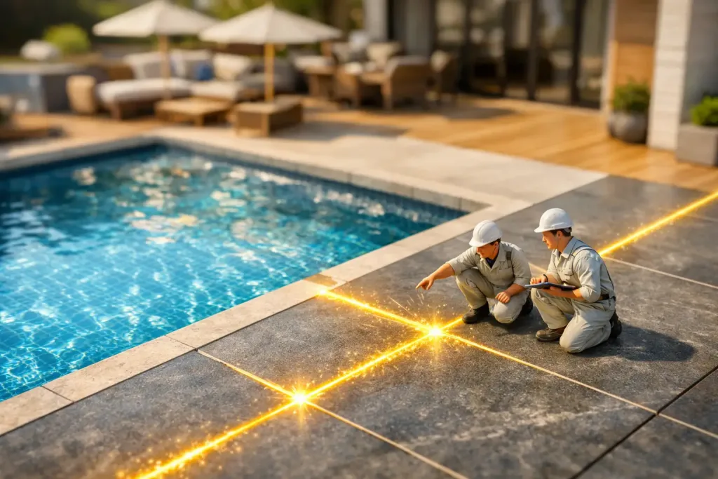 terrace pool tiles aligned with glowing seams