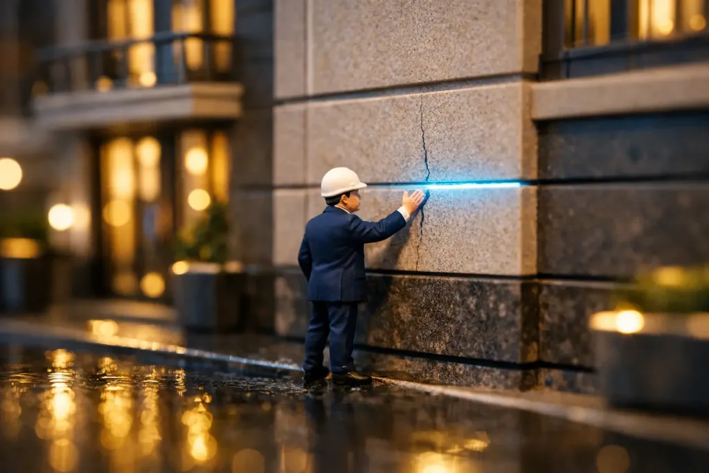 building facade crack sealed with blue light