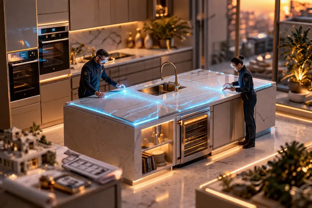 quartz kitchen island aligned with blue glow