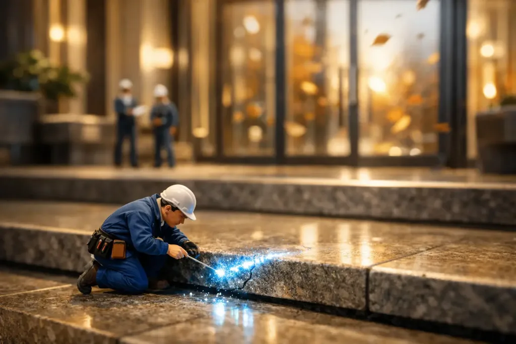 stone stair edge repaired with light particles