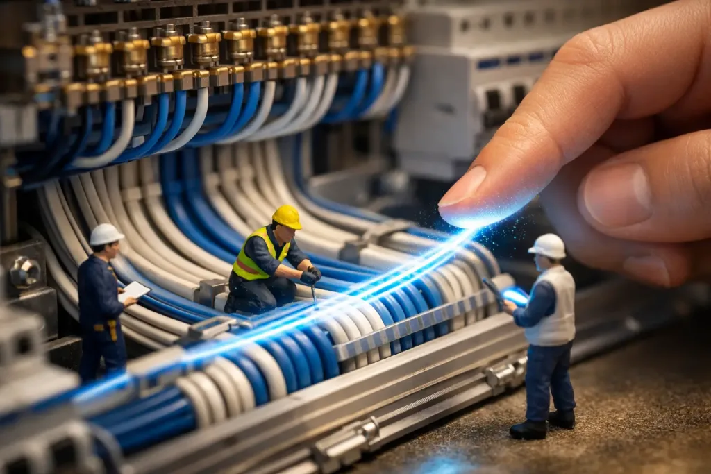 electrical cables aligned with glowing lines